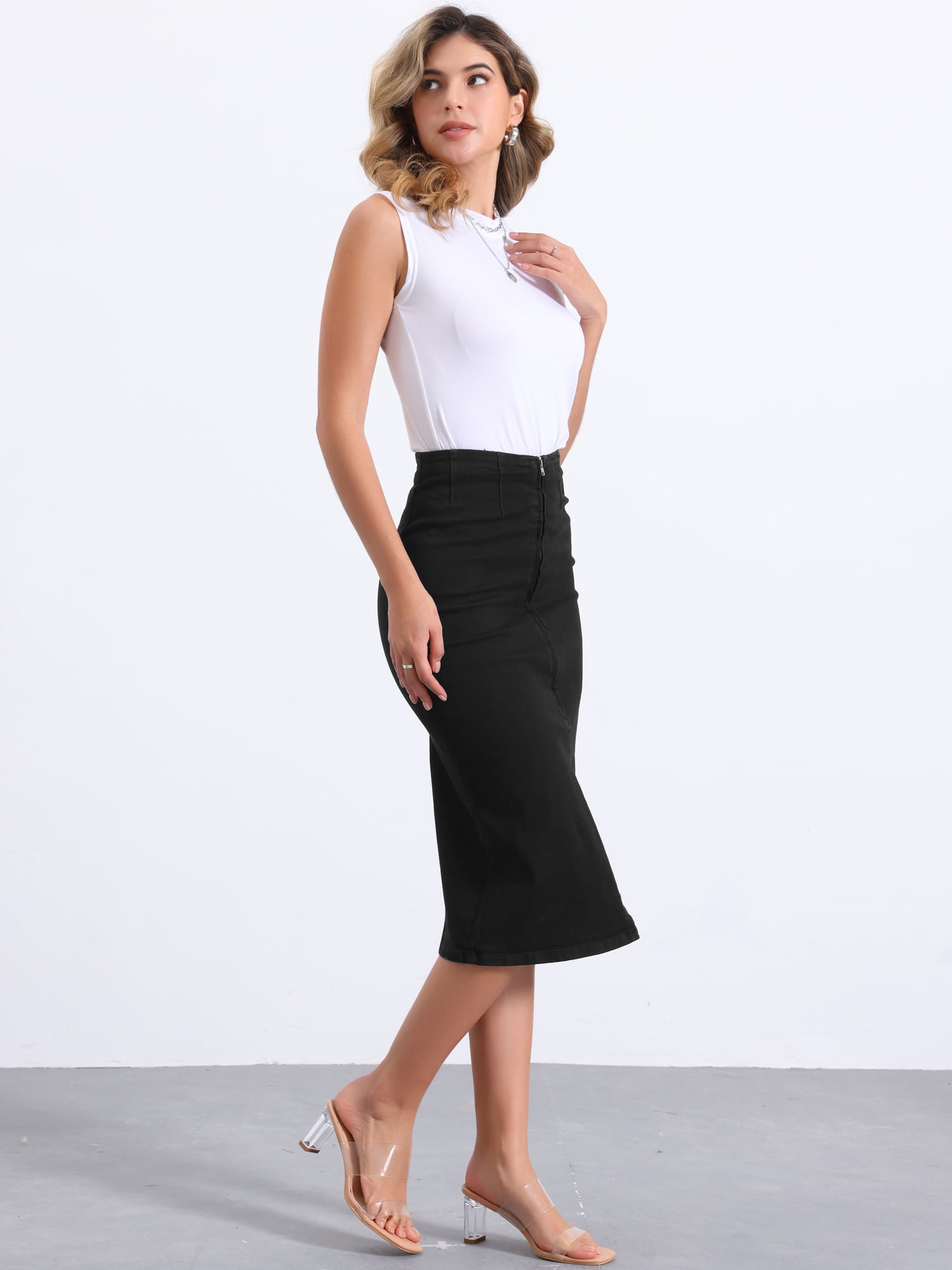DARING DIVA Women's Denim Front Slit Zipper Bodycon Midi Jean Skirt L Black