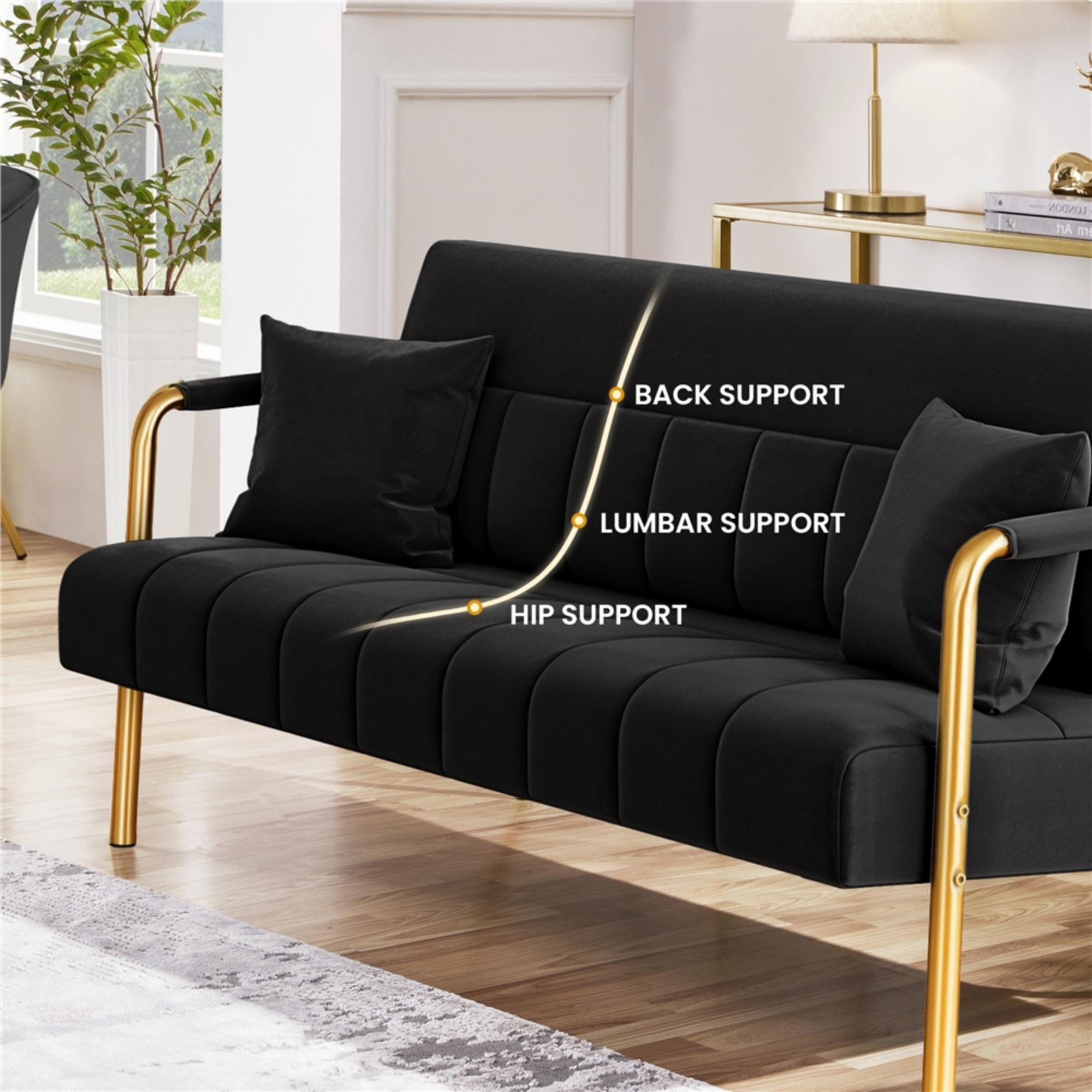 Renwick 56.5" W Upholstered Sofa Couch with Gold Tone Metal Arms and Legs, Black