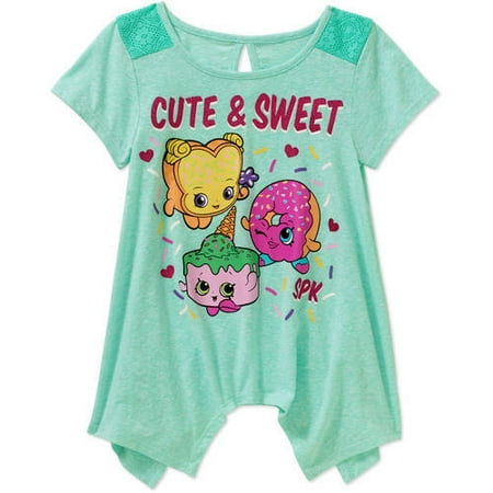 Shopkins Girls' Cute & Sweet Shark Bite Crochet Panel Sleeve Graphic Tee