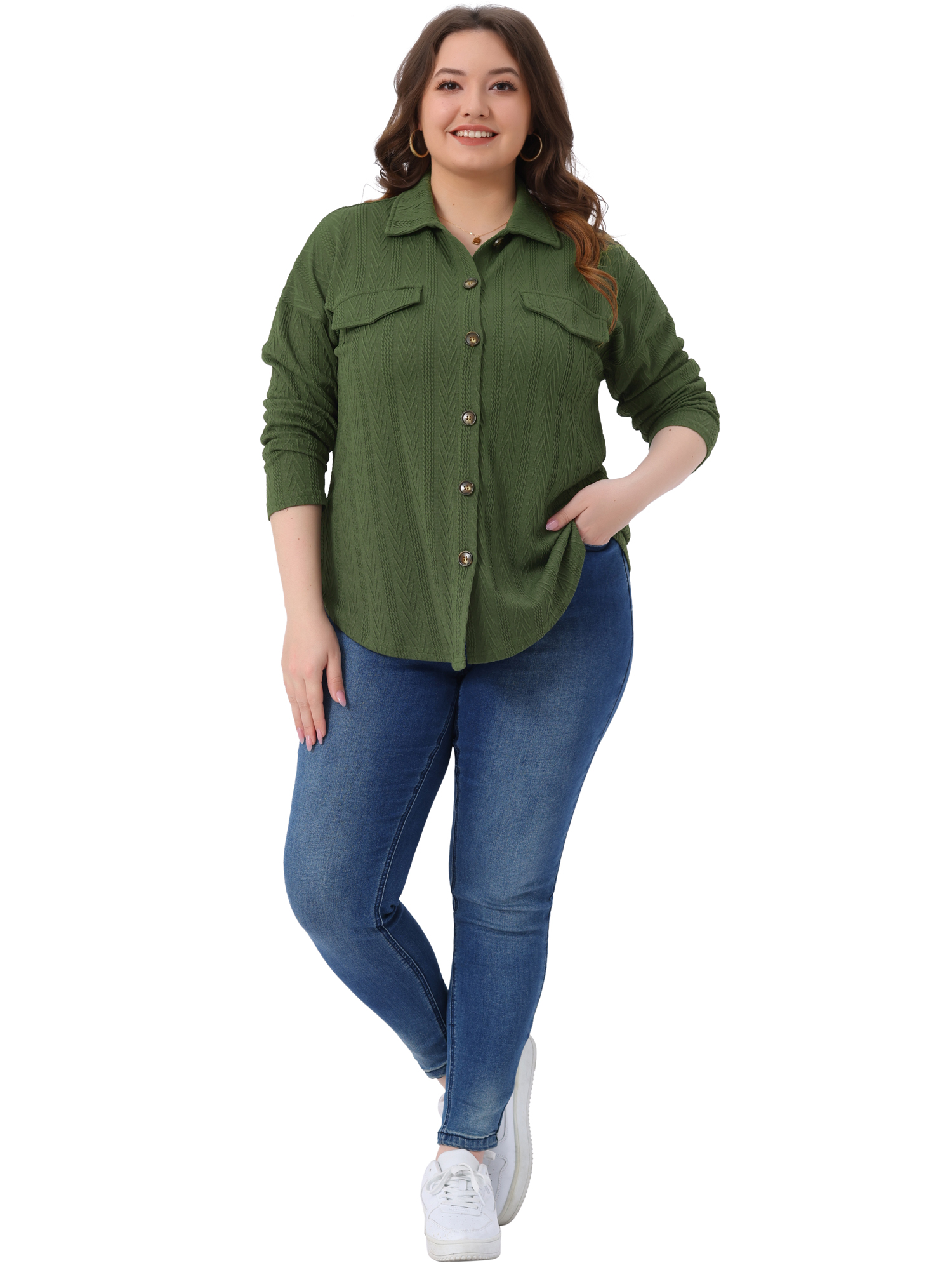 DARING DIVA Women's Plus Size Knit Casual Long Sleeve Button Down Shirts 1X Army Green