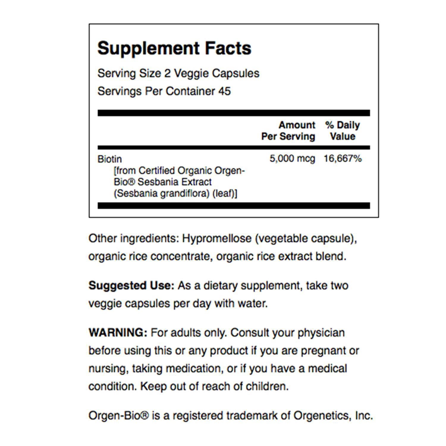 Swanson Real Food Biotin Vitamin B-7 Hair Skin Nail Metabolism Health from Organic Hummingbird Tree Extract Vegan Gluten-Free Non-GMO B7 5000 mcg 90 Veggie Capsules (Caps)