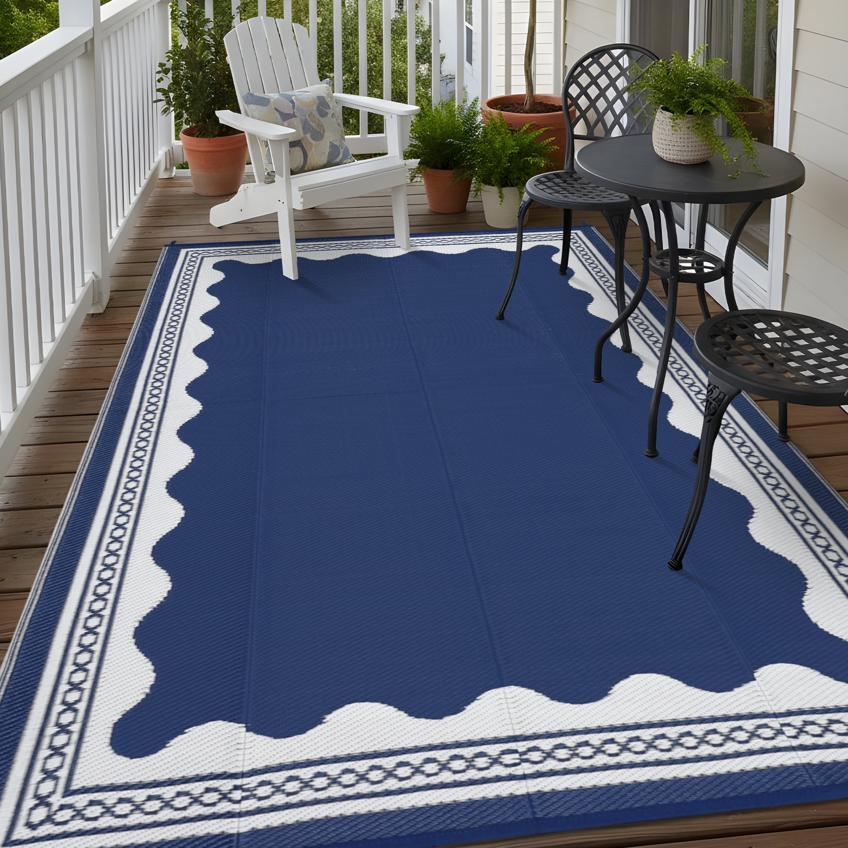 Garvee Outdoor Rug 10x14ft Modern Bordered Reversible Plastic Straw Rug, Waterproof RV Camping Rug Foldable Patio Rug for Deck Porch Balcony Backyard Picnic Beach, Dark Blue