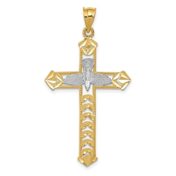 Finest Gold 14K Yellow & Rhodium with Polished Diamond-Cut Dove Cross Pendant