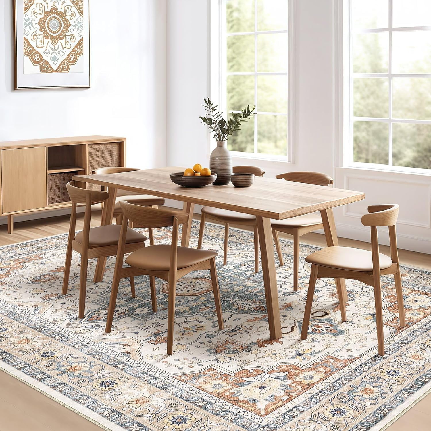 Toyoso 6x9 Area Rug Living Room Rug - Large Soft Machine Washable Boho Vintage Stain Resistant Floral Bedroom Rug Neutral Farmhouse Low Pile Distressed Carpet for Dorm Dining Room- Beige Blue