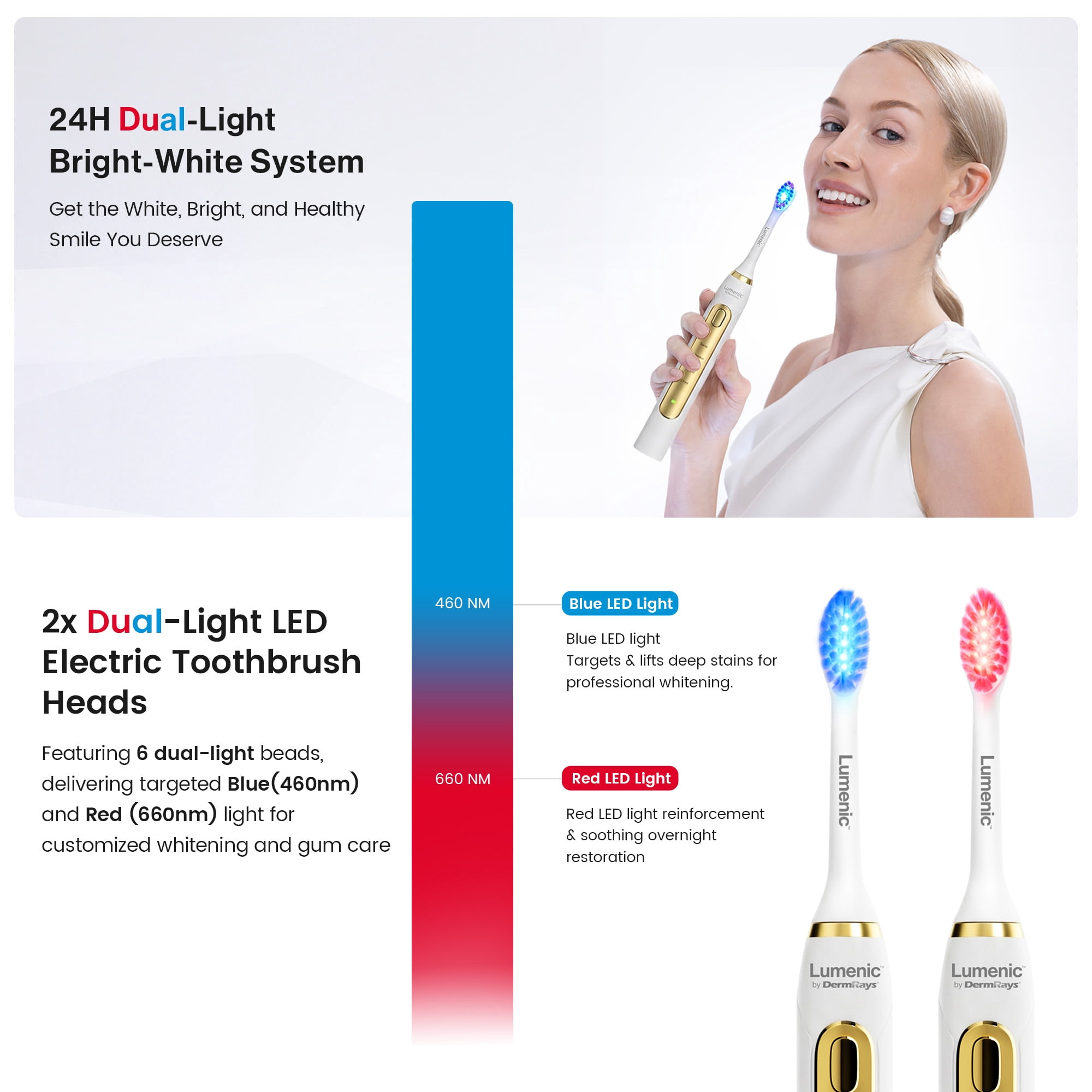 DermRays Lumenic Sonic Toothbrush, The RED Light & 3D-Oscillo System Electric Toothbrush with Replacement Brush Head