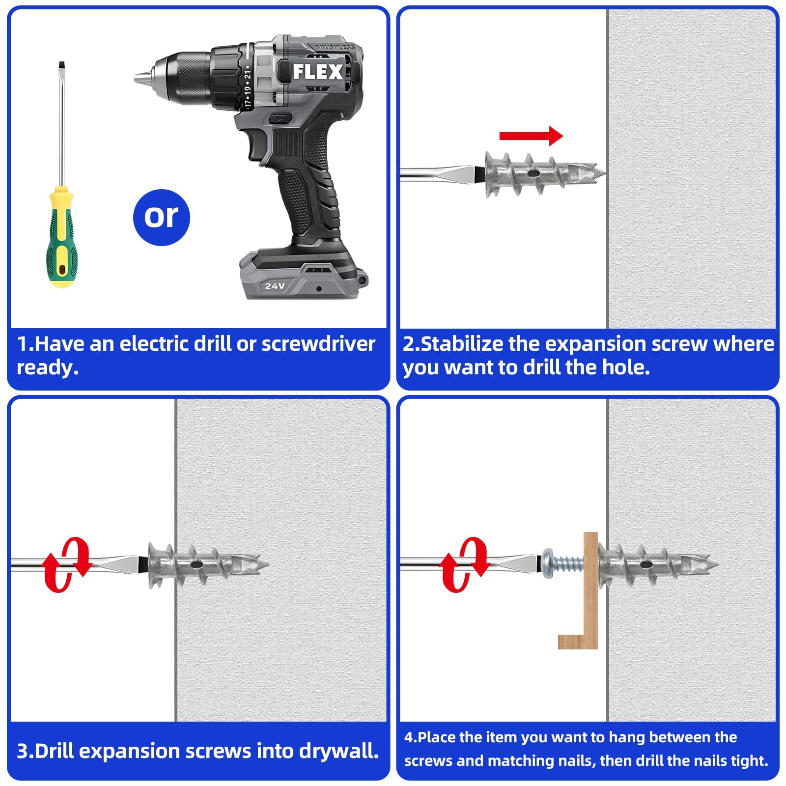 #8 x 1-1/2" Nylon Self-Drilling Drywall Anchors with Screws (100 Anchors+100 Screws), No Pre Drill Hole Required, Hold Up to 75 Lbs