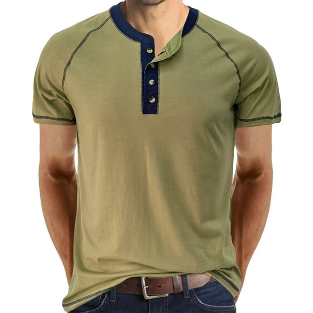 YDLCAFD Male Spring And Summer Retro Business Casual Travel Multi Buttons O Neck Solid Color T Shirt Short Sleeve Top