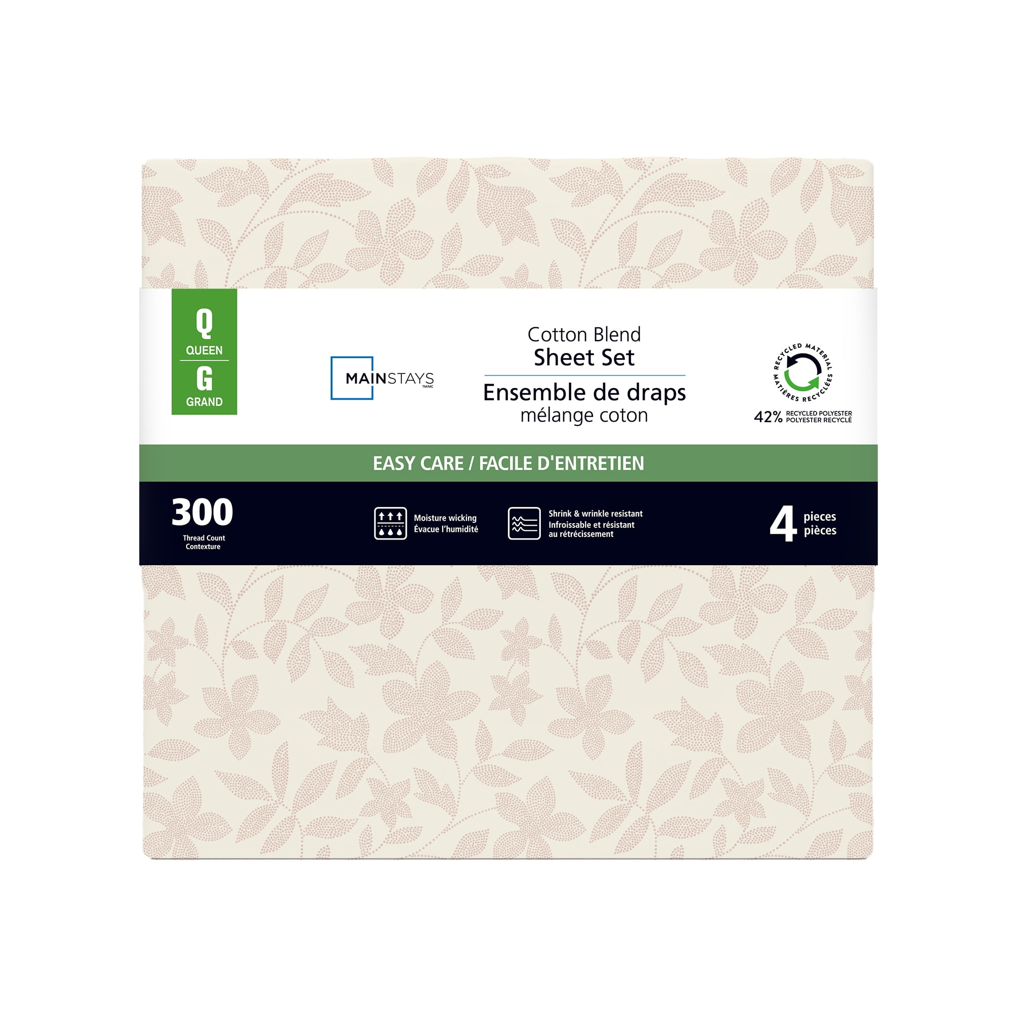 Parure de lit 4 pièces Mainstays en mélange de coton 300 nombre de fils à motif floral et CVC, pour lit double (adulte) Ensemble de draps 2 places