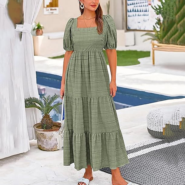 Puntoco Vestido De Bolsillo De Manga Corta Con Cuello Cuadrado Y Manga Abullonada Para Mujer Verde M,Regalos Para Mujer Joven