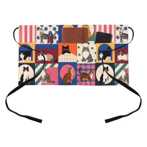 Tuxedo Cat Kitchen Restaurant Half Waist Apron, Playful Kitten Block Modern Cottagecore Eclectic Server Short Apron with 3 Pockets Waterproof Oil Waist Aprons for Women Waitress Waiter