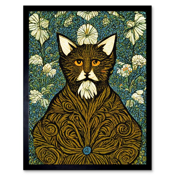 Floral Paisley Illustrated Golden Cat William Morris Art Print Framed Poster Wall Decor 12x16 inch