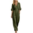 thumbnail image 3 of PNTUTB Women’s Fashion Solid Color Tighten The Waist V Neck Five-Button Sleeve Wide Leg Long Pants Jumpsuit, 3 of 7