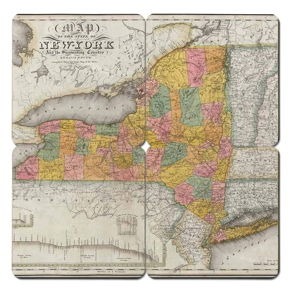 Torched New York Old World Map Coaster Handmade Beer Coaster 4"x4" Multicolor