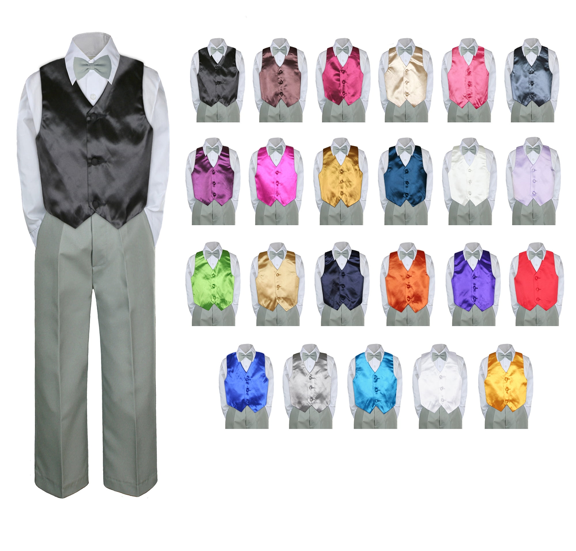 Small: 4pc Baby Toddler Kid Boys Silver Vest Navy Blue Pants Bow Tie Suits Set 0-6 months