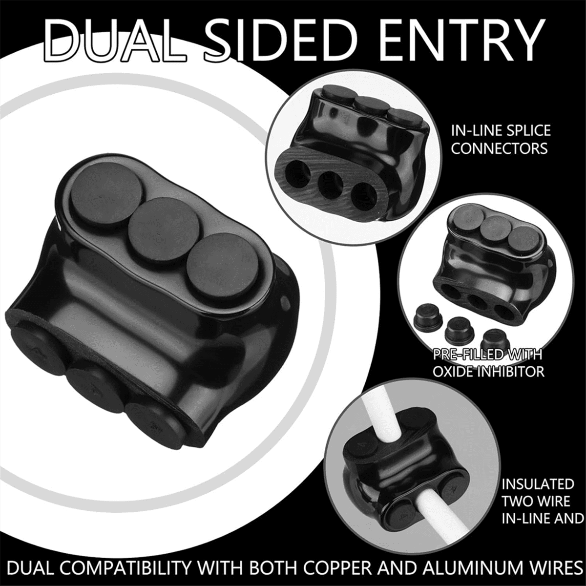 5 Pcs Black Insulated Multi Cable Connector, 3 Ports Electric Wire Connectors and Soldering Lugs,Cable Splicers 14-4AWG