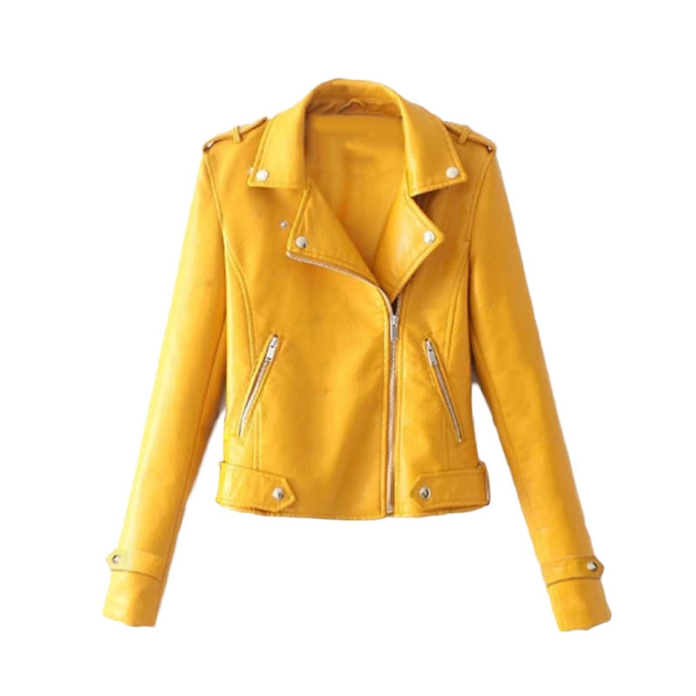 Boc Solid Color Women Faux Leather Lapel Motorcycle Jacket Long Sleeve Zip  Up Coat - Walmart.com