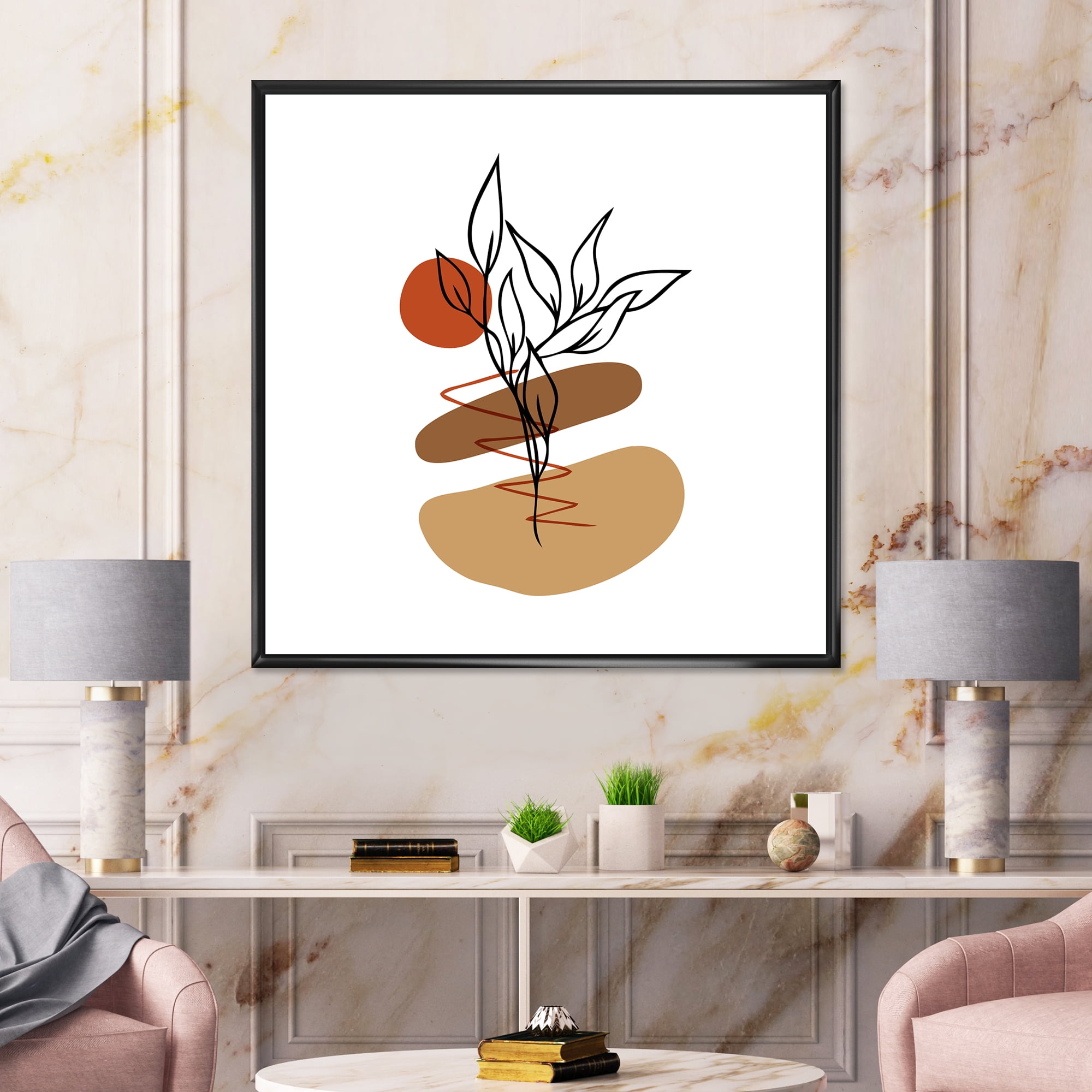 Designart 'Abstract Flowers Plants With Elementary Shapes II' Modern Framed Canvas Wall Art Print