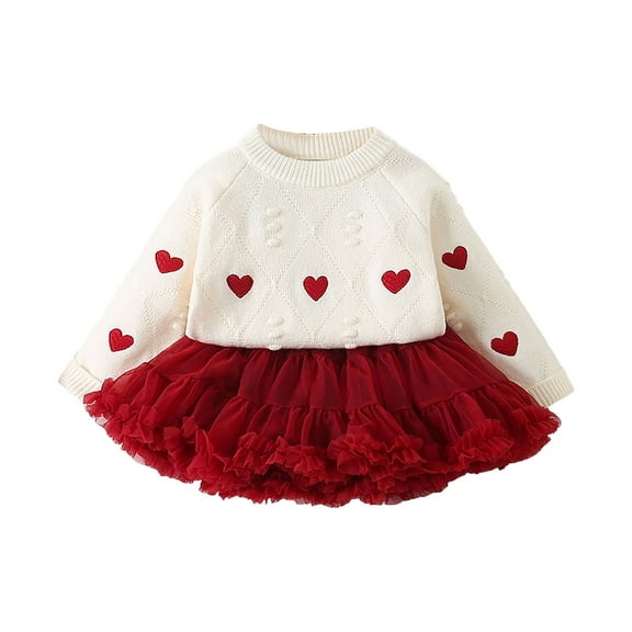 Povozer Girls Pleated Skirt Set Fall Winter 2 Piece Outfit Lattice Dresses Long Sleeve Top Cute Clothes Outfit for Kid(White,90)