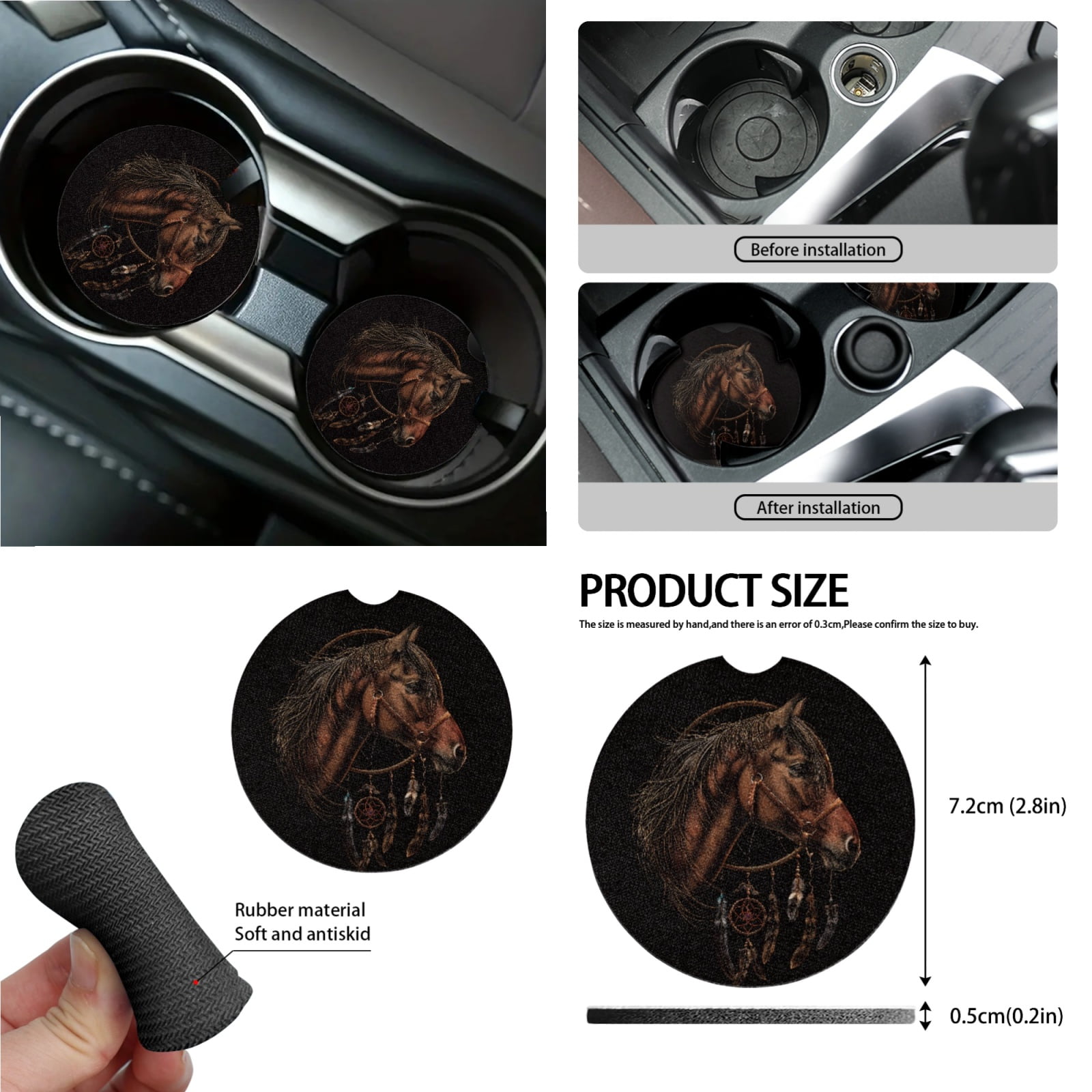Garronmavis Dreamcatcher Horse 15 PCS Car Seat Cover Full Set Steering Wheel Cover Keychain Car Trash Can Car Dash Accessories Rearview Mirror Cover Cup Mats Easy to Install Universal Fit