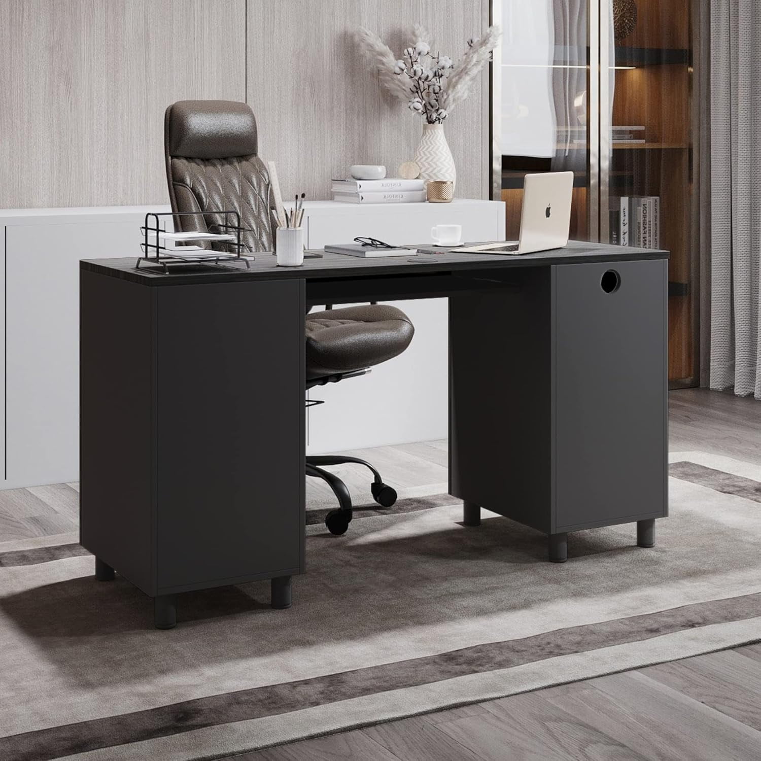 Modern Design by Crafts and Comfort Venice Computer Desk Great for Home Office Desk - 3 Drawers and CPU Storage Cabinet - Laptop Workstation with Keyboard Tray and Cable Hole - Grey / Black