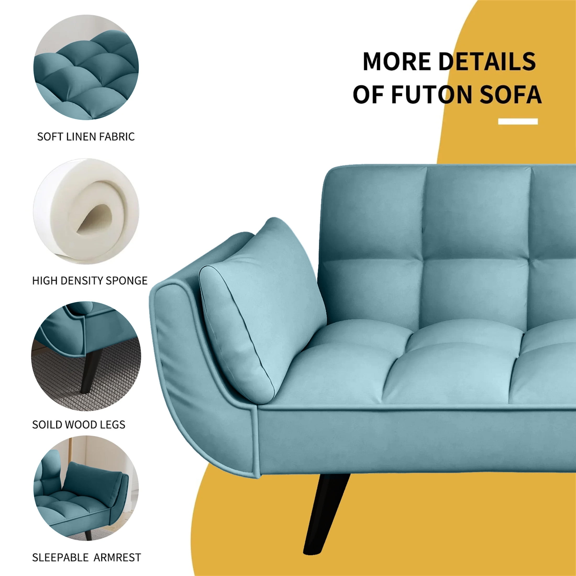 Aukfa 75" Flared Arm Futon Convertible Sofa Bed, Curved Sleeper Sofa for Home Office, Blue