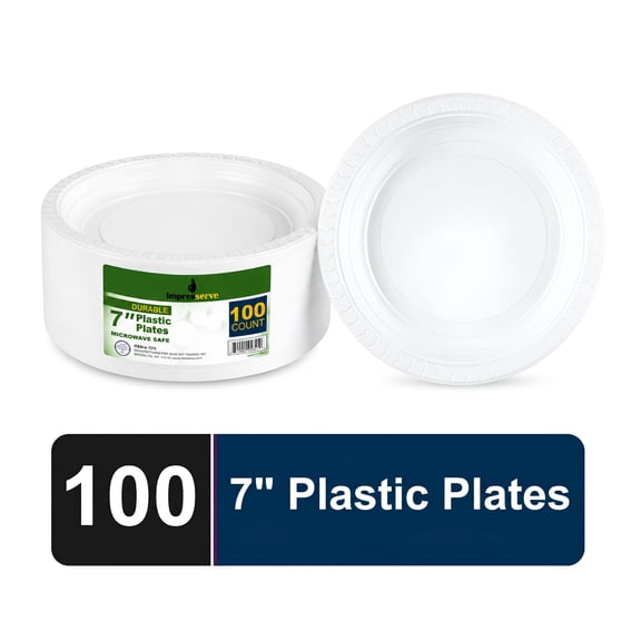 Impresserve 7 inch White Microwavable Plastic Plates, 100 Count – Durable Disposable Dinnerware for Parties & Catering