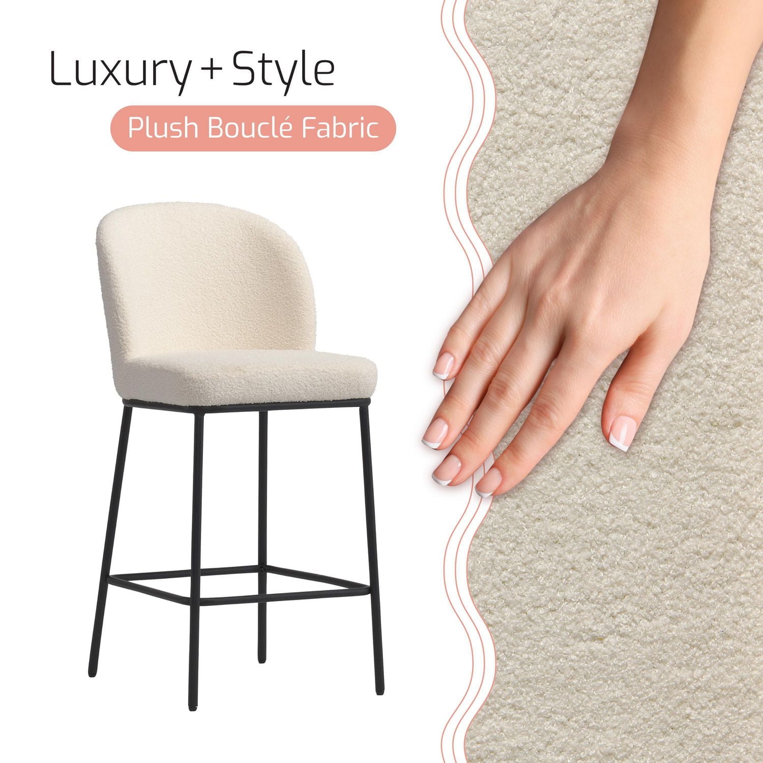 Lot de 2 tabourets de bar d'intérieur modernes et rembourrés en tissu bouclé de luxe Addison de CorLiving