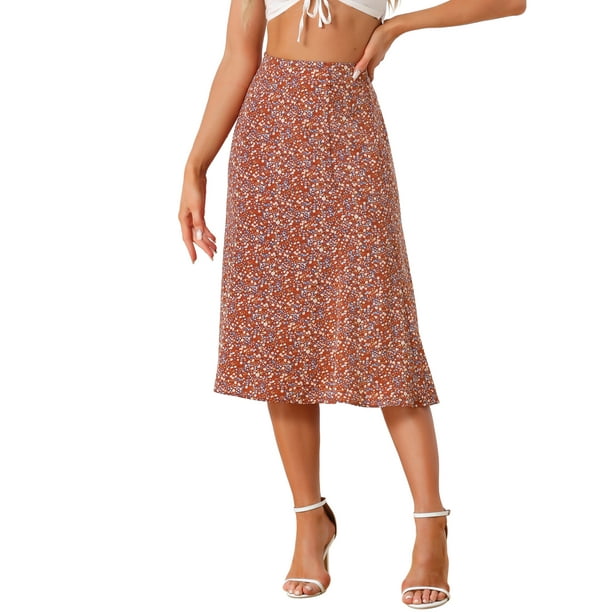 Faldas Midi Peasant de Mujer INSPIRE CHIC con Cintura Elástica A-Line de Flores Ditsy L Roja