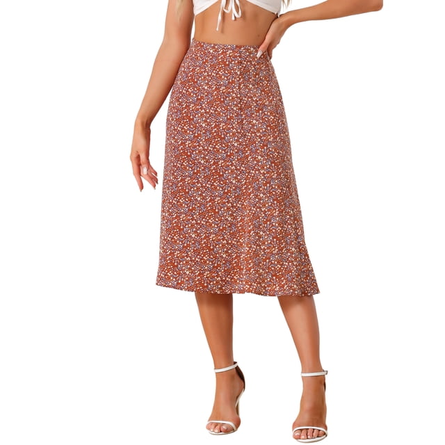 Faldas Midi Chic para Mujeres Inspire, Faldas A-Line de Cintura Elástica con Estampado Floral Ditsy, Rojo XL