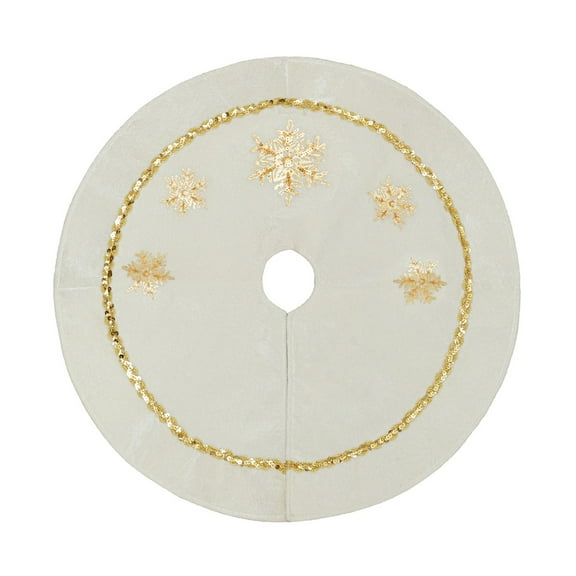 White Velvet Christmas Tree Skirt with Gold Snowflake Sequins – Soft Decorative Tree Base Cover for Holiday Home Décor – 24 inch