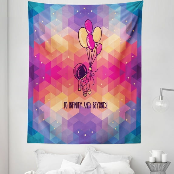 Astronaut Tapestry, Doodle Astronaut Flying Cubic Space with Baloons to Infinity and Beyond, Fabric Wall Hanging Decor for Bedroom Living Room Dorm, 5 Sizes, Pink Multicolor, by Ambesonne