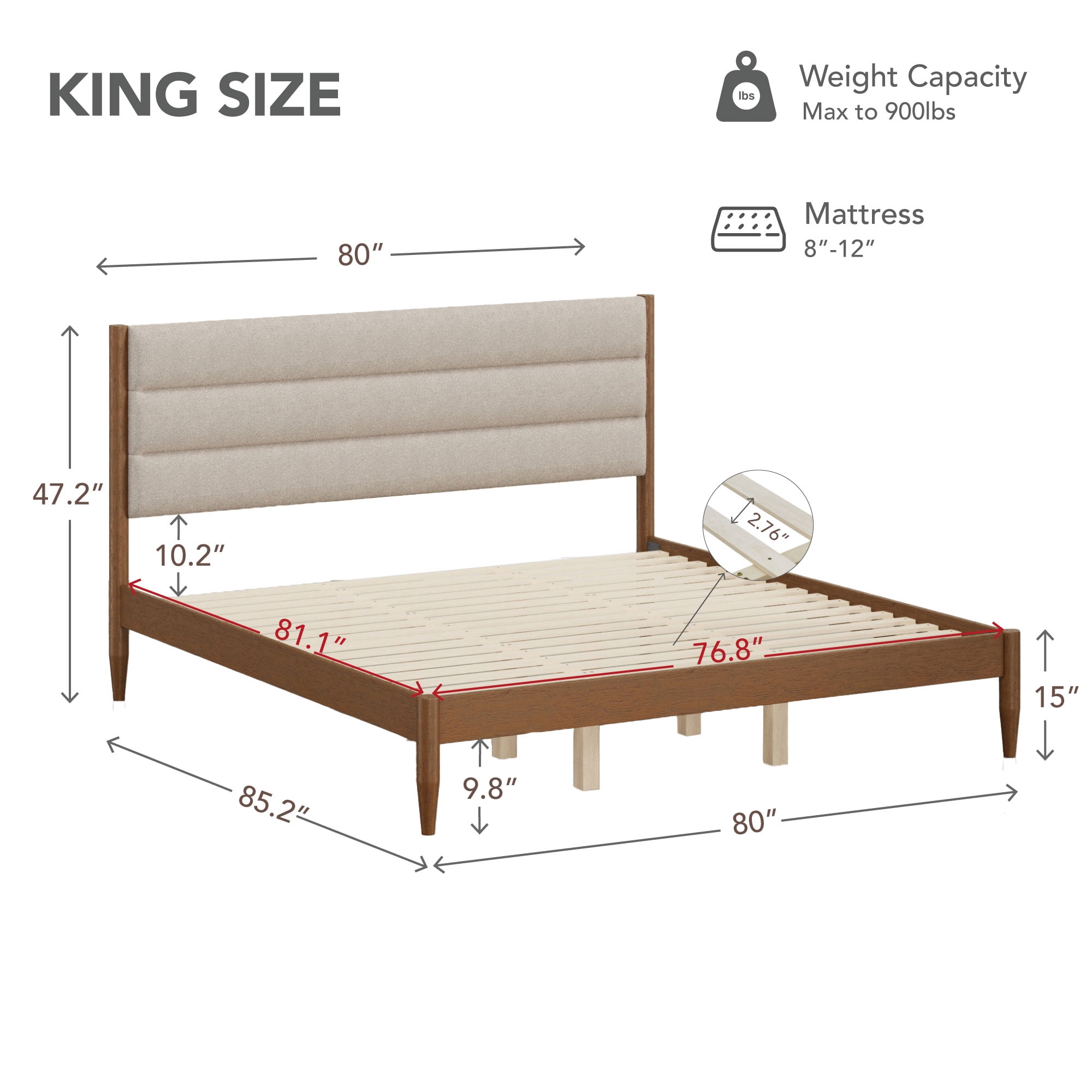 Spruce & Spring Farmhouse King Upholstered Bed Frame, Solid Rubberwood Frame, Oatmeal Boucle Headboard, Noise-Free, No Box Spring Required, Walnut & Oat