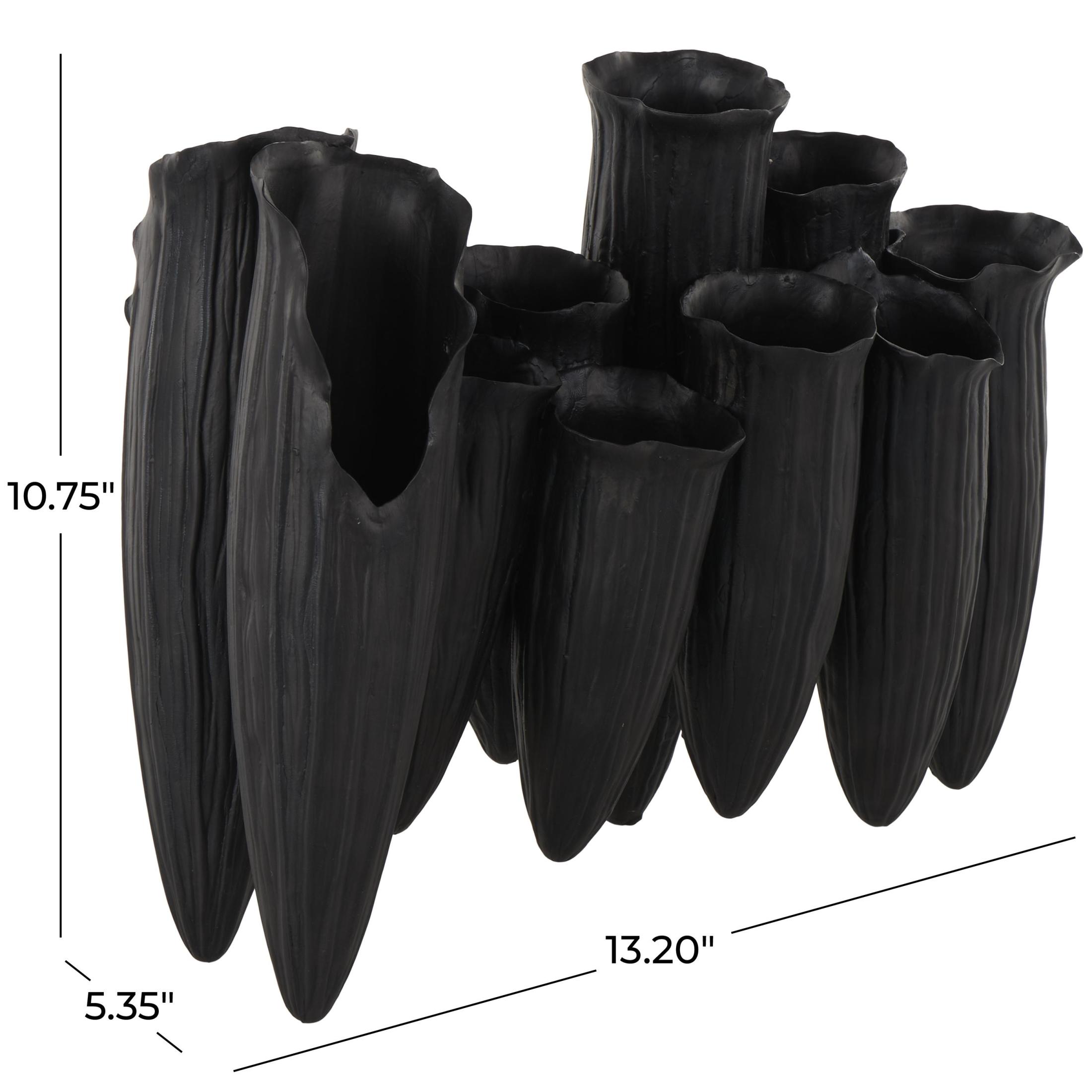 DecMode 11" Abstract Floral Inspired Black Ceramic Vase with Linear Grooves and 10 Openings