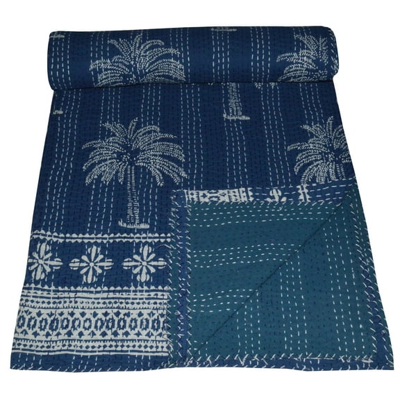 Kantha Quilt Indian Hand Block Print Quilt Cotton Kantha Throw Kantha Blanket Handmade Quilt King Size Kantha Bedspread Blue Palm Tree Print