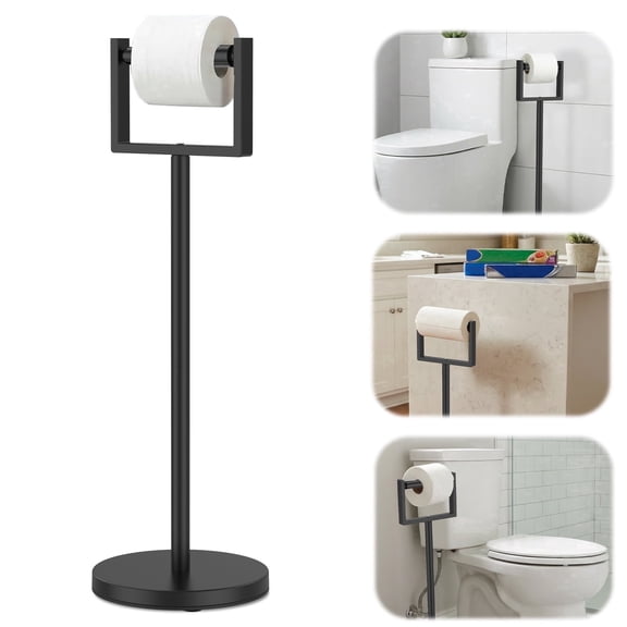 Toilet Paper Holder Stand Freestanding - Extra Weighted Base No Tipping, Rust Resistant Stainless Steel Tissue Roll Holder for Bathroom, Matte Black