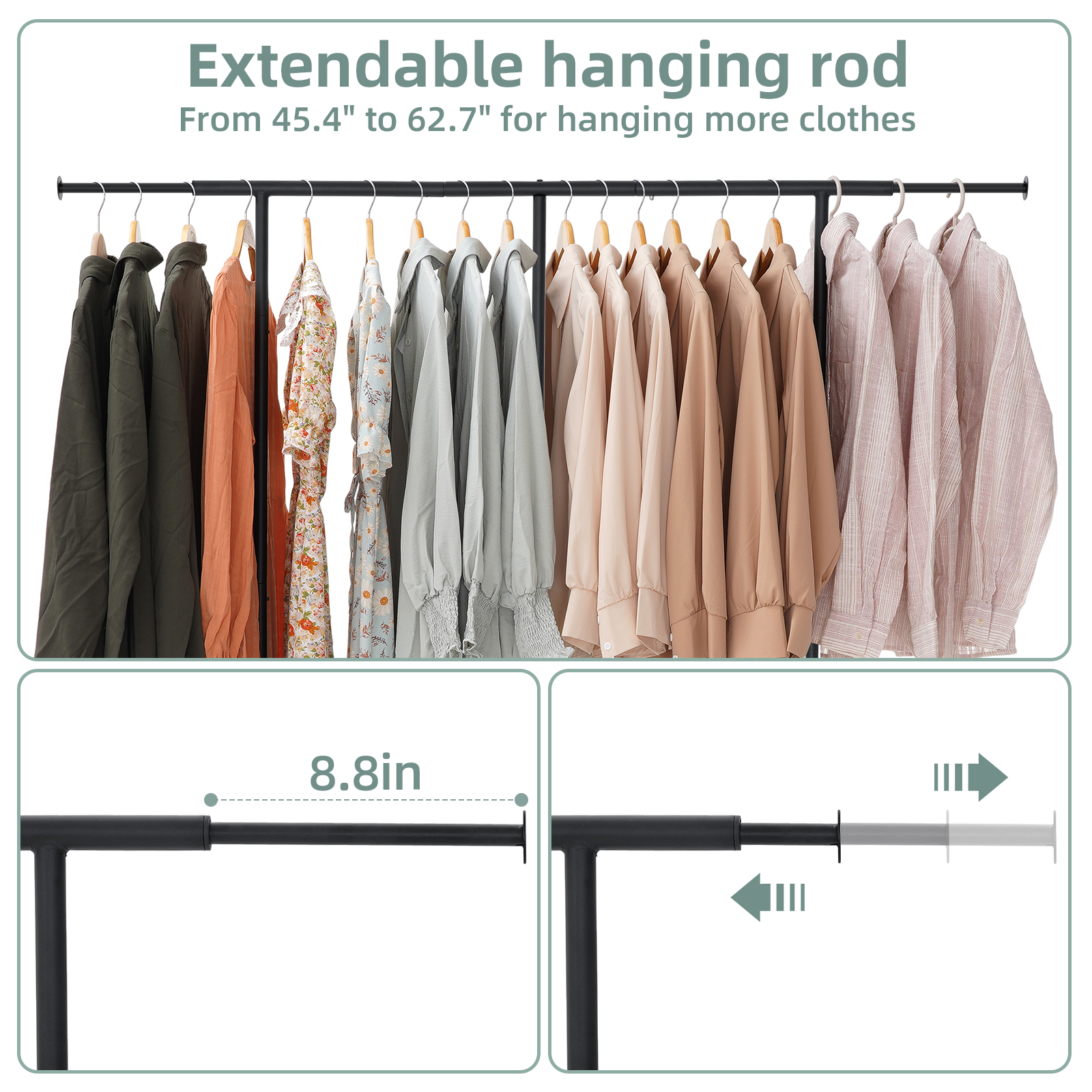 Clothes Rack Garment Rack with Adjustable Length 45-62 inches Metal Rolling Clothing Rack Garment Rack on Wheels for Clothes with 25mm Steel Hanging Pipe, Black - image 3 of 9