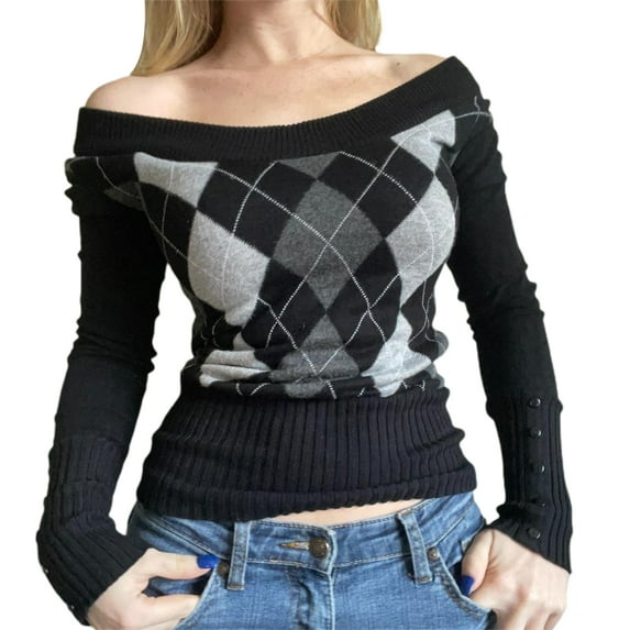 BEAFNKSG Women Aesthetic Knitted Tops Long Sleeve Rhombus Plaid Knitwear Tops Spring Fall Knit Pullovers