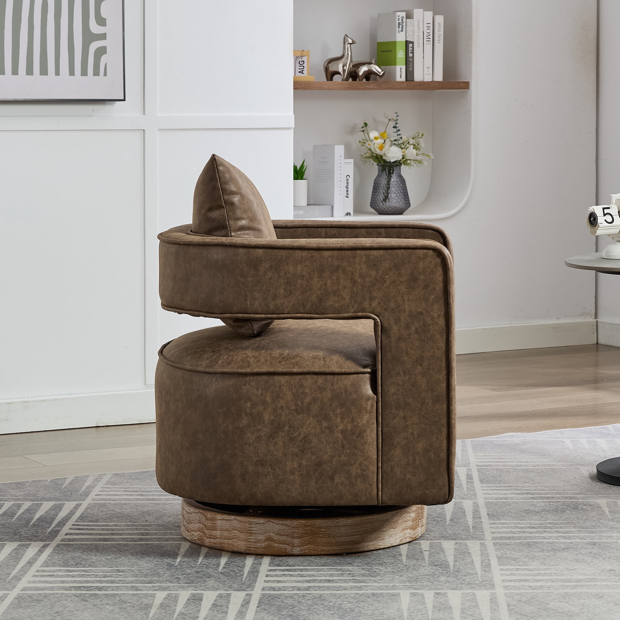 Leumius Swivel Accent Chair with Open Back,Modern Single Sofa Chair With Weathered Base for Nursery Bedroom Living Room Hotel Office, Club Chair Leisure Arm Chair for Lounge,Coffee PU