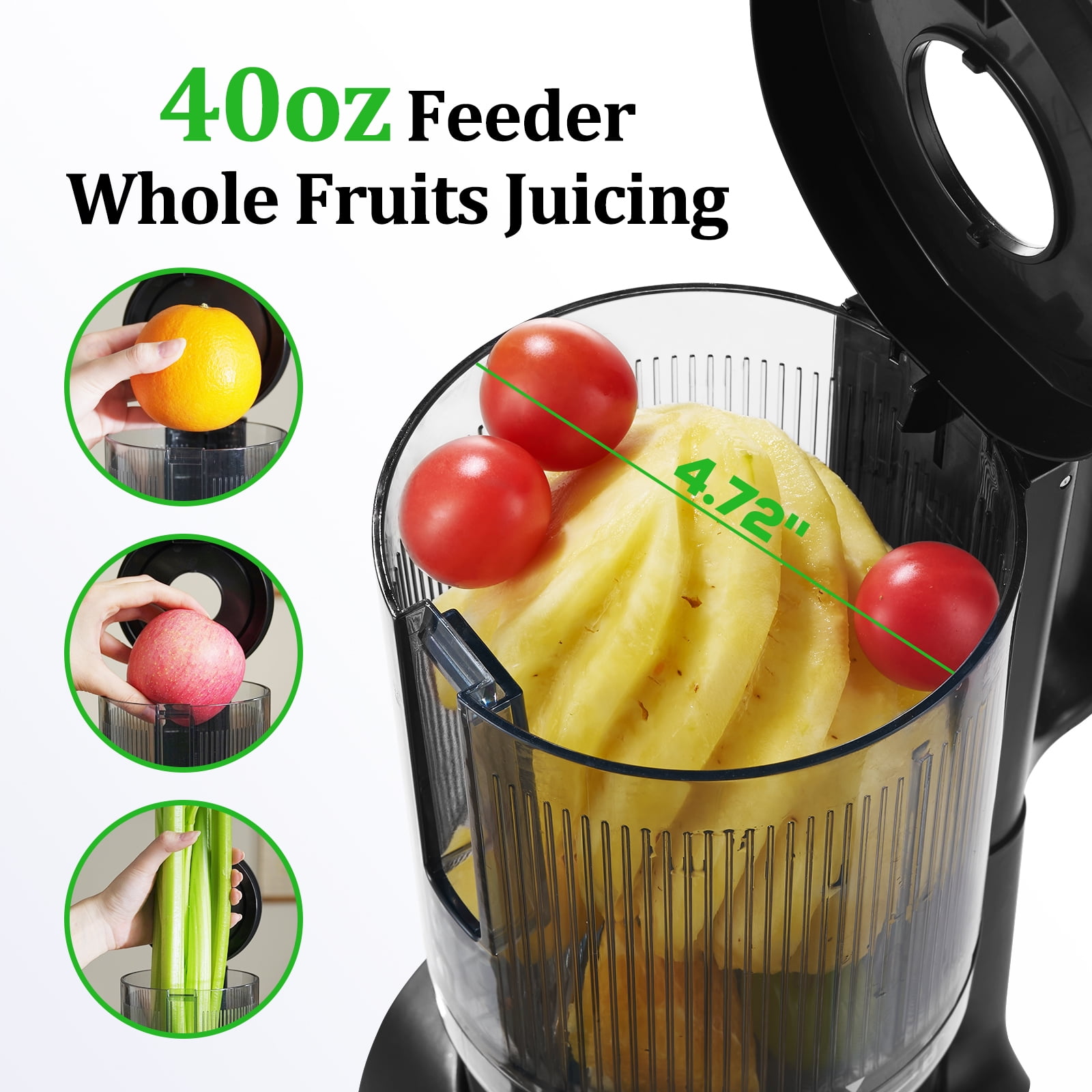 Juicer Machines, TER Cold Press Juicer With 5'' Wide Chute, Stainless Steel Slow Masticating For Vegetables & Fruits, High Juice Yield, Easy To Clean, Includes 2 Cups, Silver