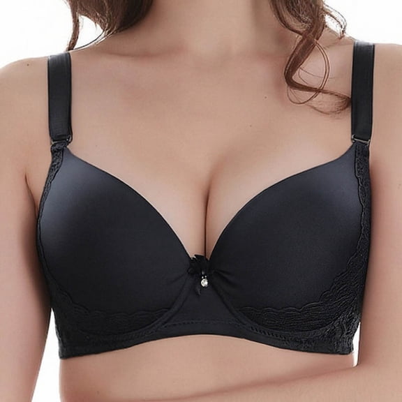 Fatuov Women's Lace Bra with Underwire Solid Color Soft Daily Bra for Casual, Supportive Full Coverage Push Up Lightly Lined Bra 46C, Black