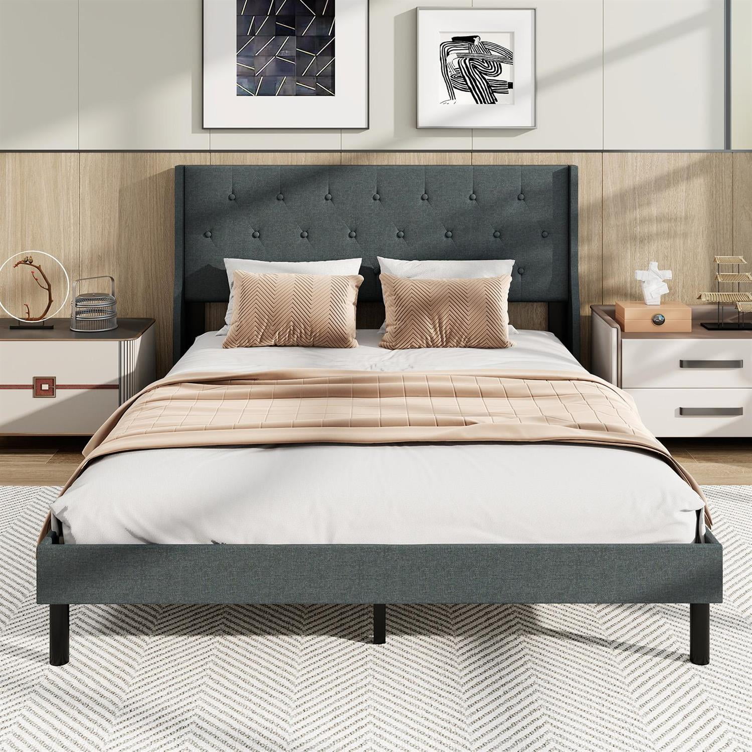 Spaco Queen Size Upholstered Bed Frame, Button Tufted Wingback Headboard, Linen Fabric & Foam, Rubber Wood Legs + Middle Support, Gray