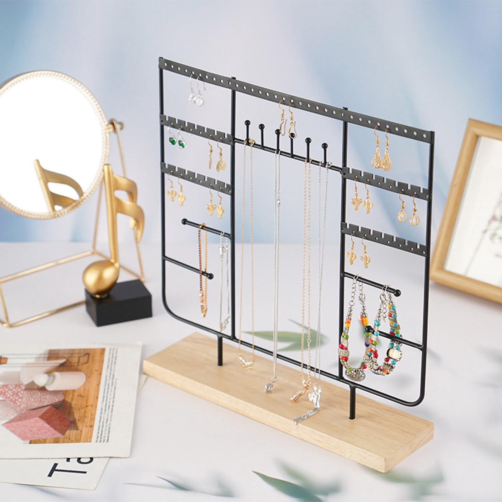 Jewelry Organizer Holes with Wood Base Multi Tiers Metal Hanging Holder Jewelry Tree for Earrings Necklace Girls Gift Women