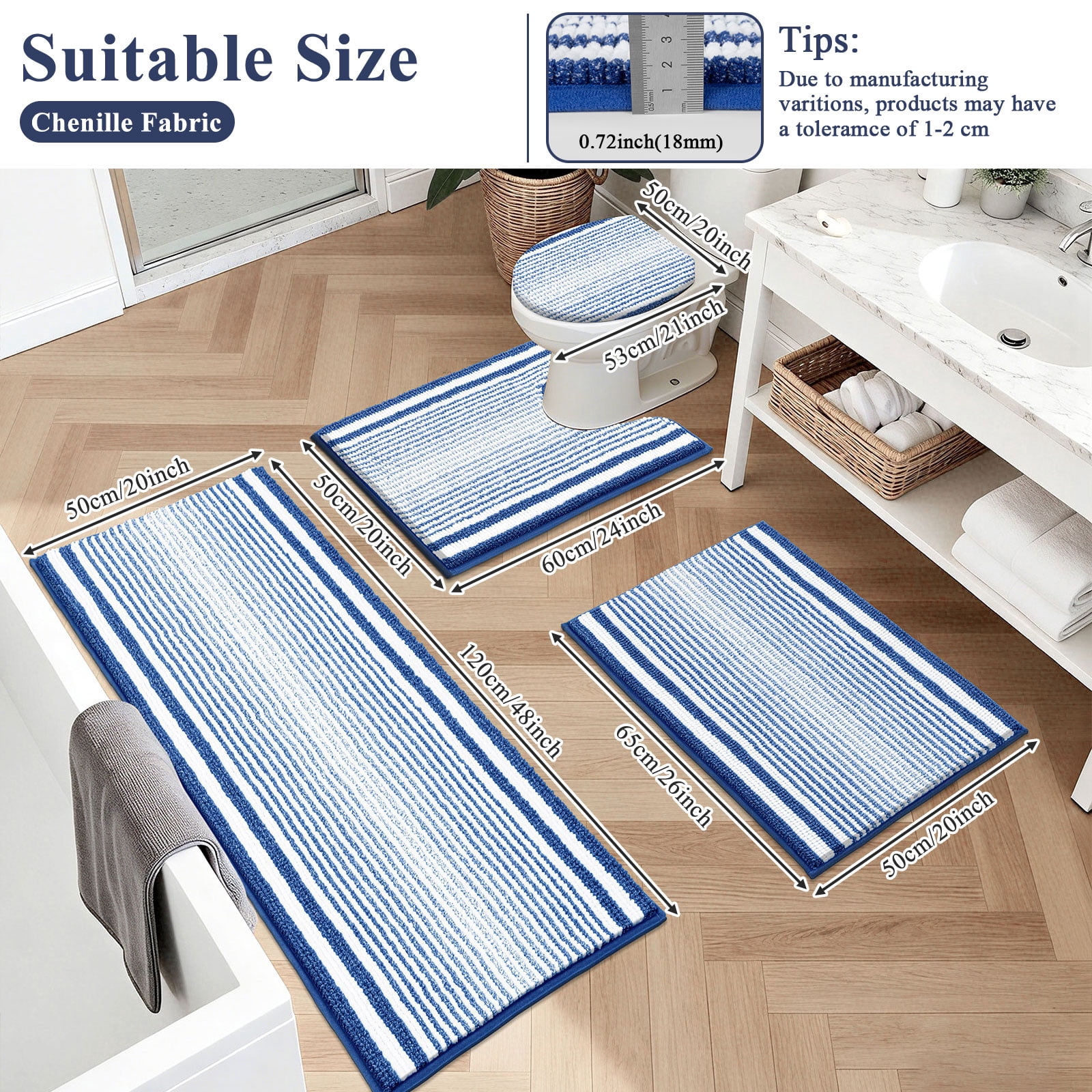 Ileading Chenille Bathroom Rugs Sets 4 Piece, Super Absorbent Non Slip Washable Bath Mat and U-Shaped Contour Toilet Rug Set for Tub Shower Floor Carpet