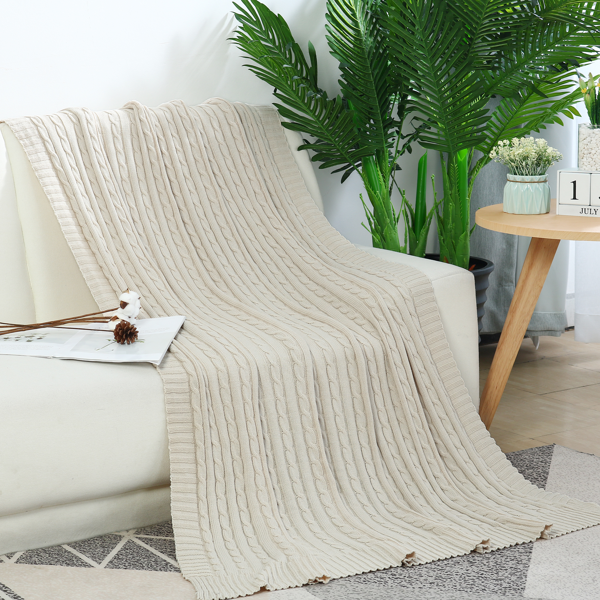 PiccoCasa Soft 100 Cotton Cable Knit Throw Blanket for Couch Bed Sofa