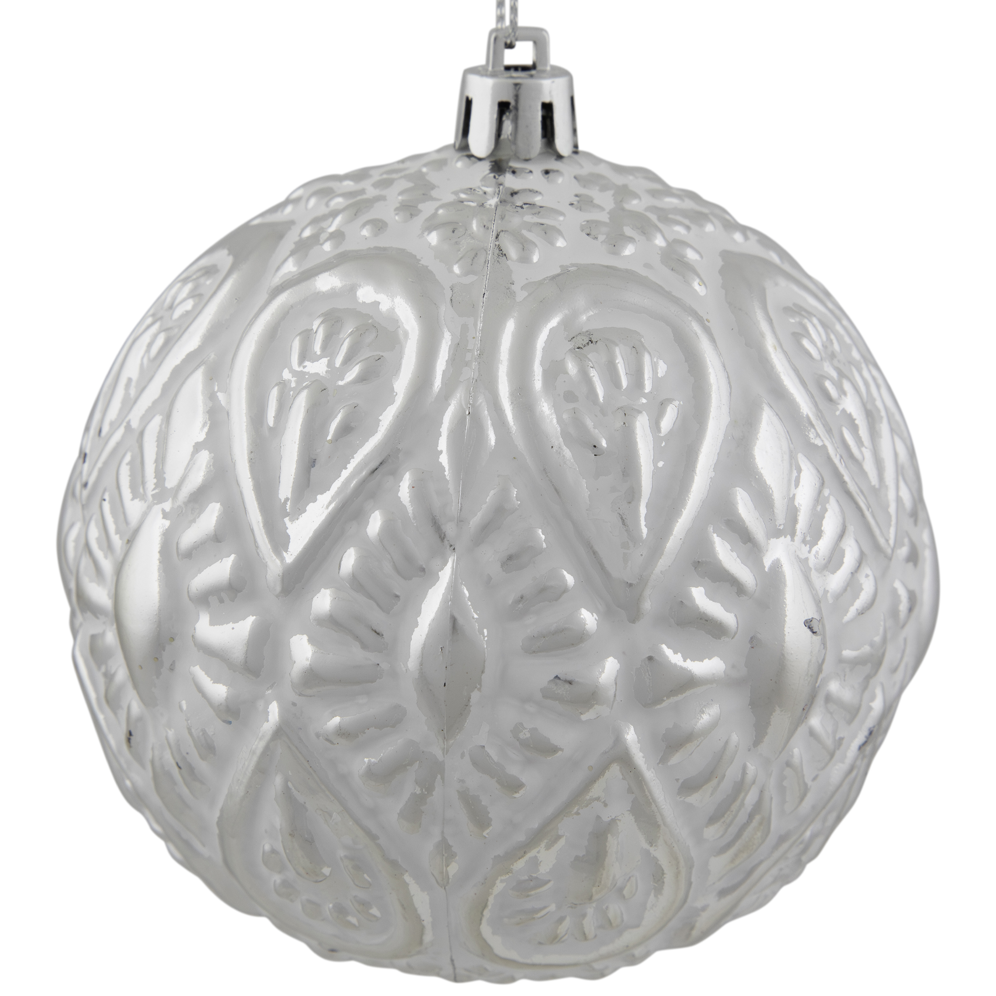 Distressed White Ball with Silver Beveled Design Christmas Ornament 4" (100mm)