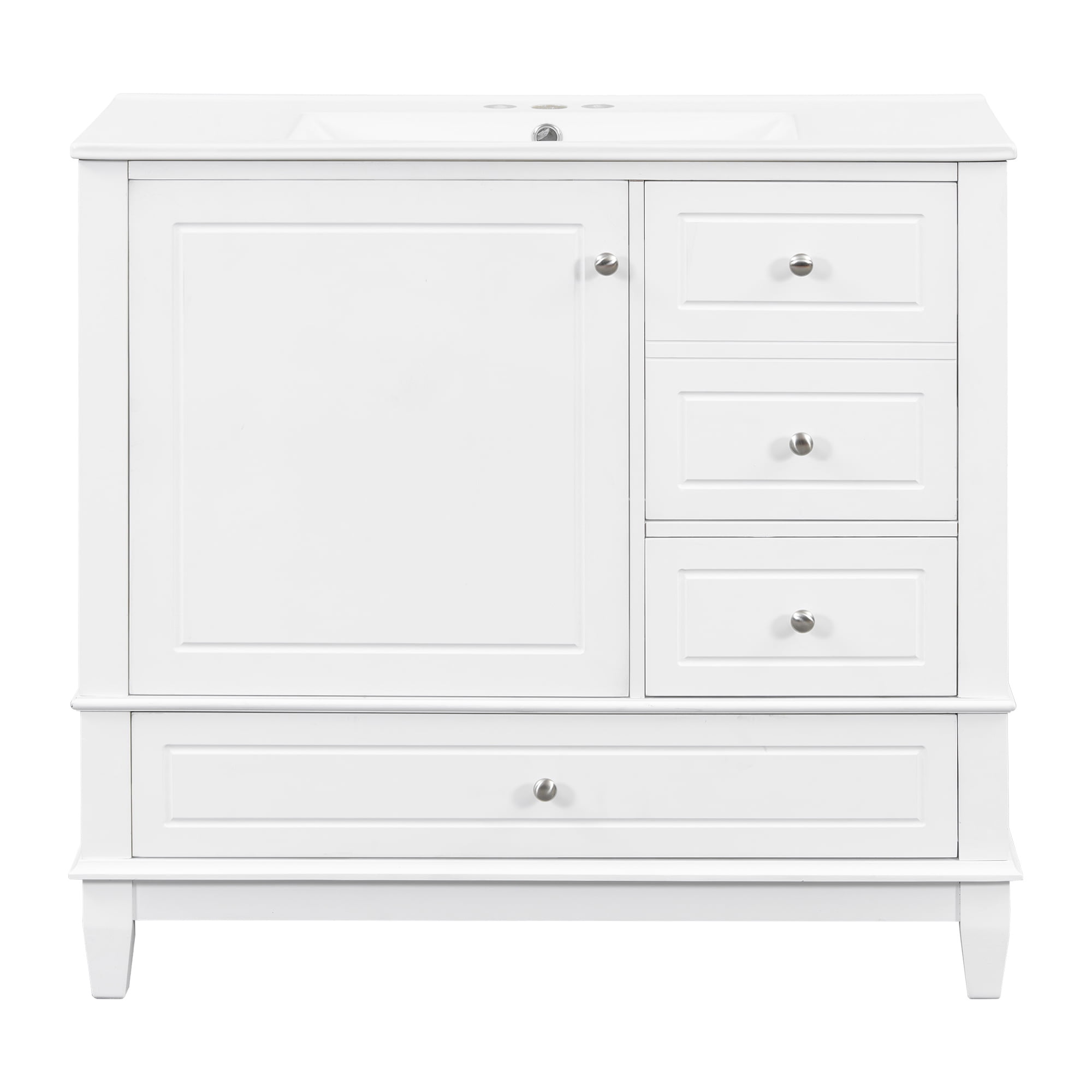 Aukfa 36" Bathroom Vanity with Ceramic Sink, Freestanding Solid Wood Base Cabinet,3 Drawers & Door Shelves,White