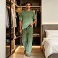 thumbnail image 5 of Dwelliawo Men 2 Piece Pajama Set Modal Crewneck Short Sleeve T-Shirt Long Pants Oversize Tall Loungewear Comfort Sleepwear With Pockets For Home Street Dark Green L, 5 of 7