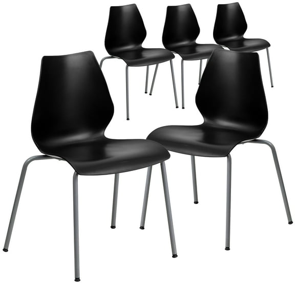 Flash Furniture 5 Pack HERCULES Series 770 lb. Capacity Black Stack Chair with Lumbar Support and Silver Frame