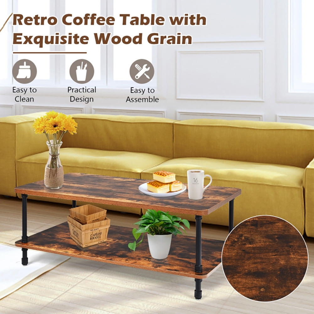 Finihen Rectangular Coffee Table, Industrial Vintage Coffee Table with 2-Tier Storage Shelf, for Living Room, Reception Room, Office, Brown Finihen Rectangular Coffee Table, Industrial Vintage Coffee Table with 2-Tier Storage Shelf, for Living Room, Reception Room, Office, Brown