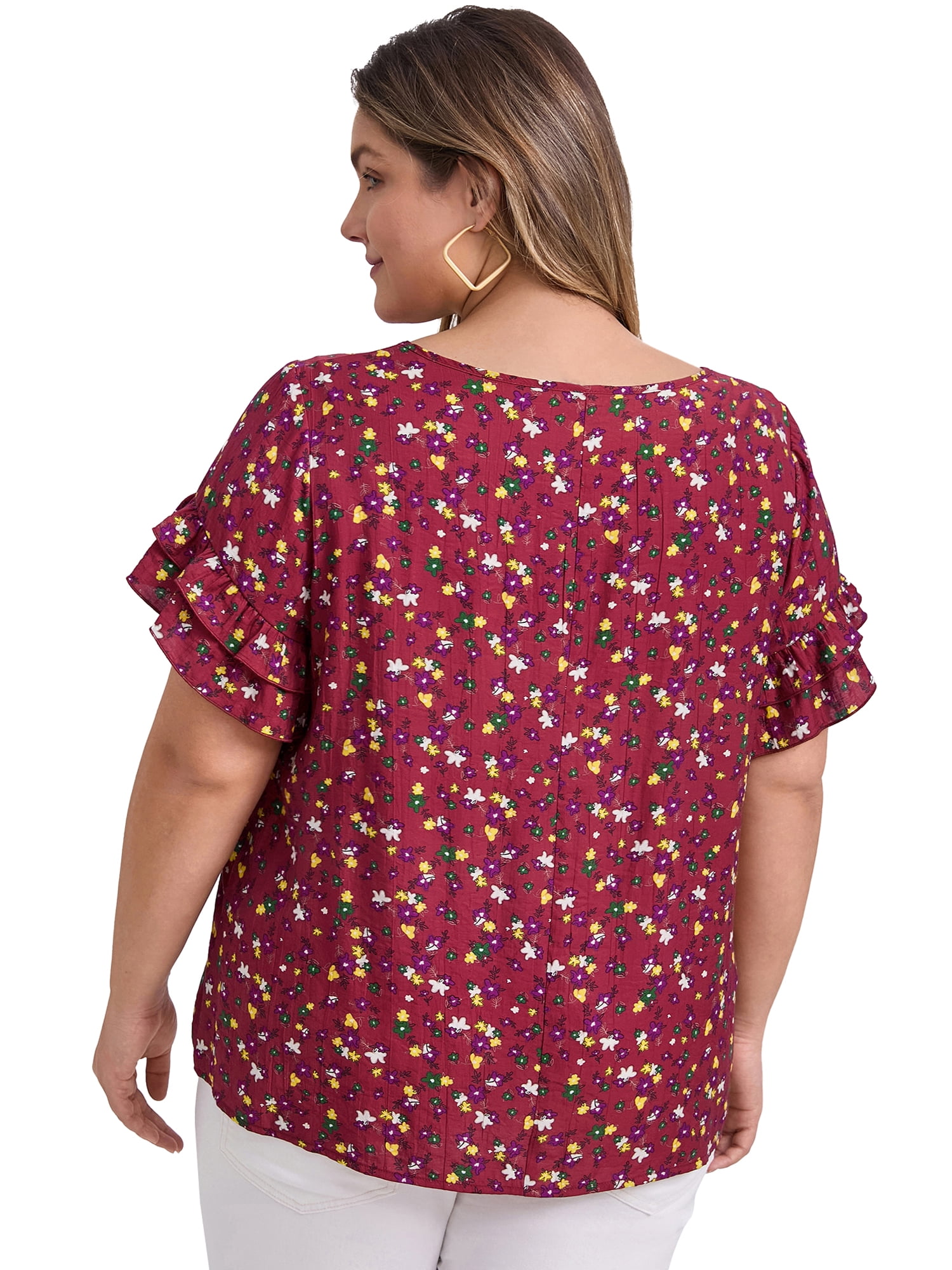 DARING DIVA Women's Plus Floral Print Ruffles Blouse 1X Red